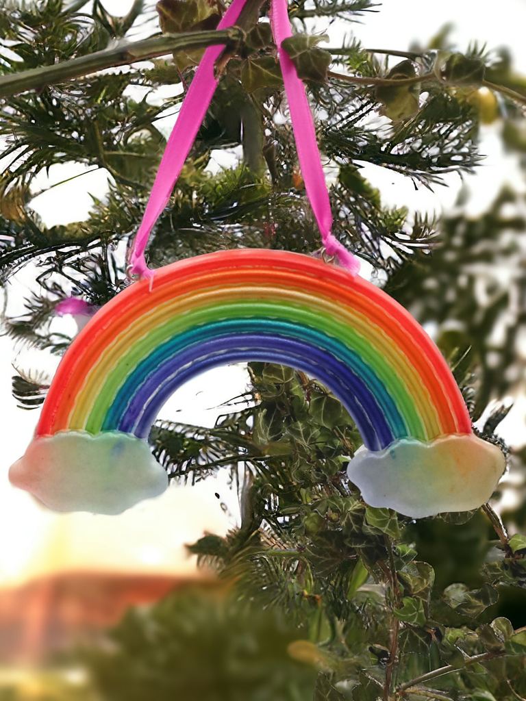 a rainbow hanger in the colours of a rainbow, it can be hung in the window to brighten any dull day